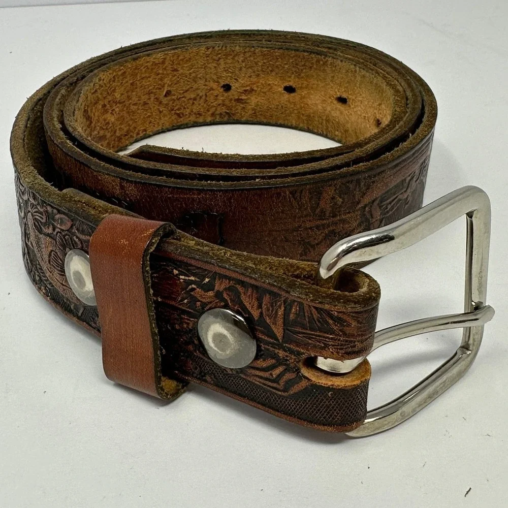 Vintage Tooled Leather Fishing Belt USA Made Bass Scene Preston Brown 32-36
